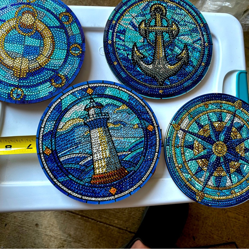Diamond Dot Painting coasters with racks 4 designs, 6.5 in diameter